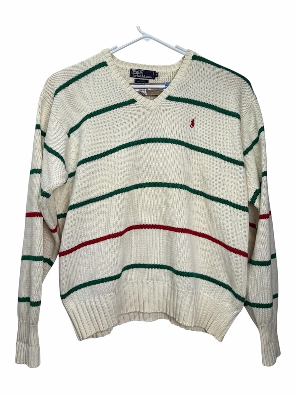Vintage Polo Ralph Lauren Sweater Mens Medium Cream Green Striped V Neck Cotton